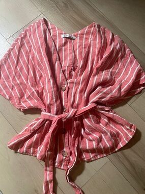 Dex Coral-Striped Button Front Top